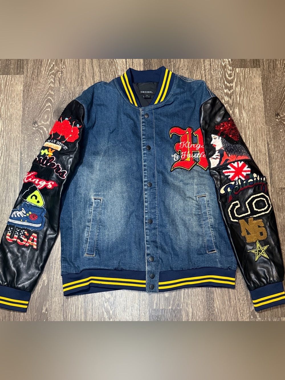 Decibel Varsity Hustler Denim Patchwork Jacket Men's Size XXL